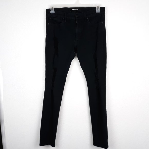 Express Black Jean Legging Size 10 REG Stretch Mid Rise Distressed Denim 5-PKT.